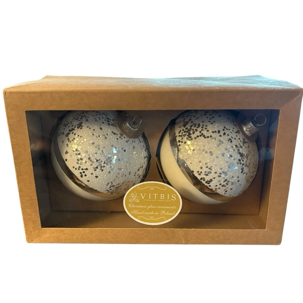 VITBIS Christmas Ornaments White & Silver Frosted‎ Glitter Handcrafted In Poland